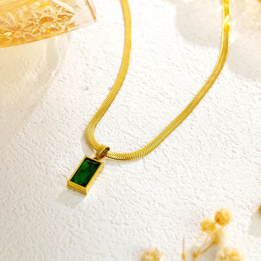 Green Cubic Zirconia CZ Flat Snake Chain Necklace