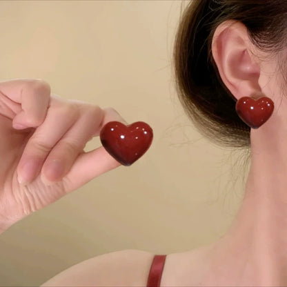 Glossy Red Heart Stud Earrings