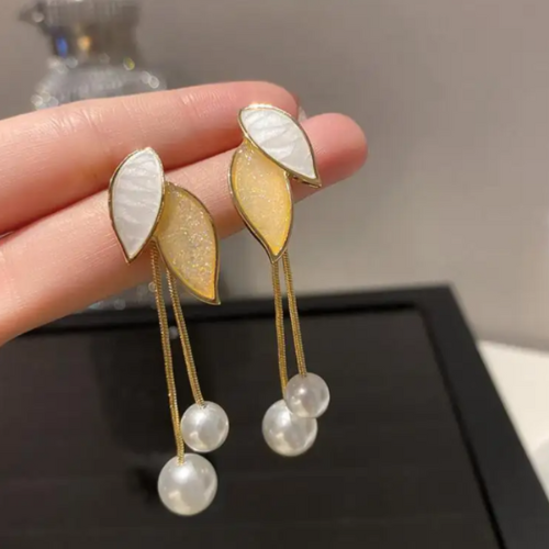 Vintage Leaf Pearl Drop Stud Earrings