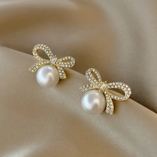 Fashion Dainty Full Diamond Bow Pearl Earrings