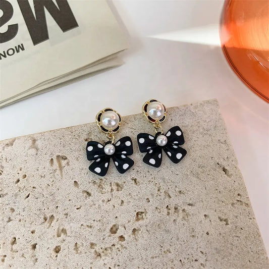 Pearl Charm Polka Bow Earrings