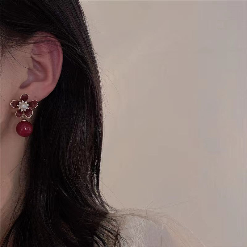 Vintage Pearl Cherry Flower Drop Earrings
