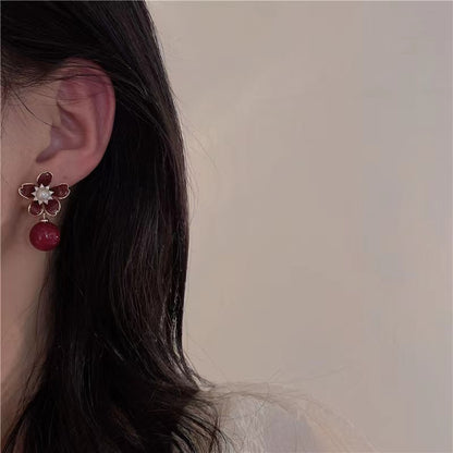 Vintage Pearl Cherry Flower Drop Earrings