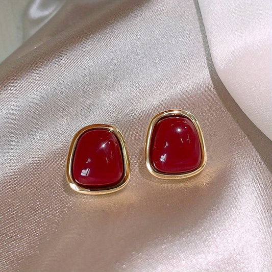 Gold Red Stone Stud Earrings