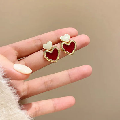 Double Heart Enamel Stud Earrings