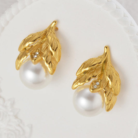 Vintage Leaf Pearl Statement Earrings
