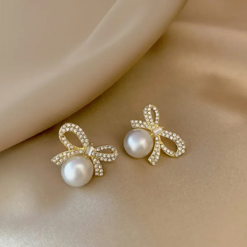 Fashion Dainty Full Diamond Bow Pearl Earrings