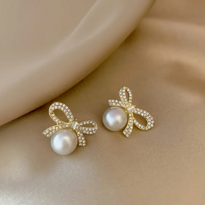 Fashion Dainty Full Diamond Bow Pearl Earrings