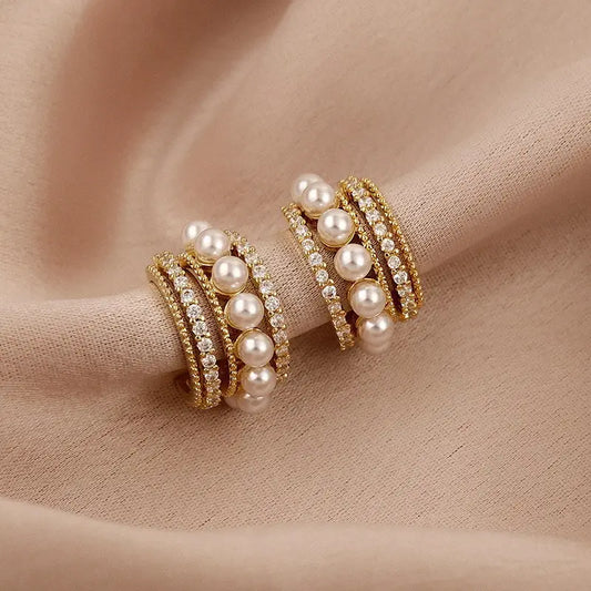 Triple Layer Pearl & CZ Statement Hoop Earrings