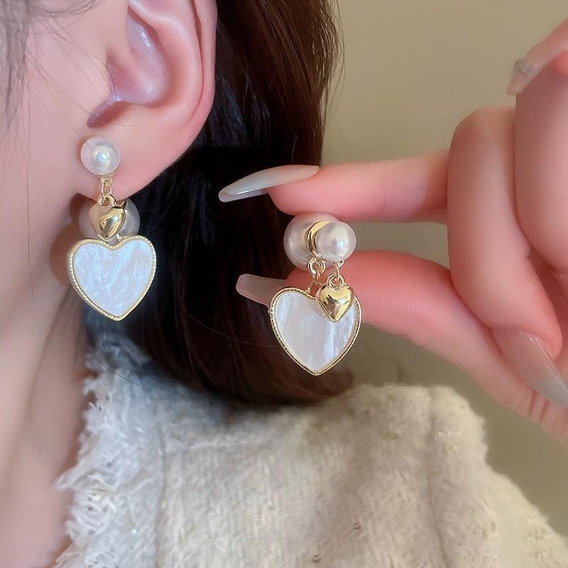 Gold Pearl Heart Drop Earrings