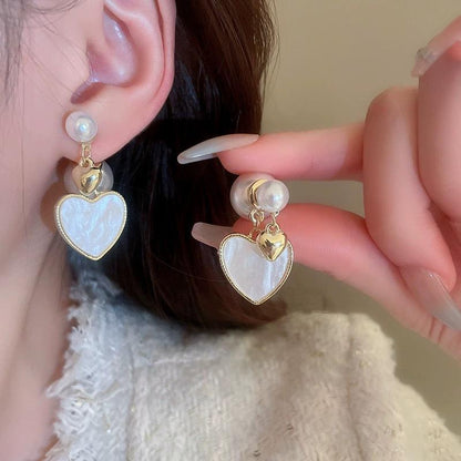 Gold Pearl Heart Drop Earrings