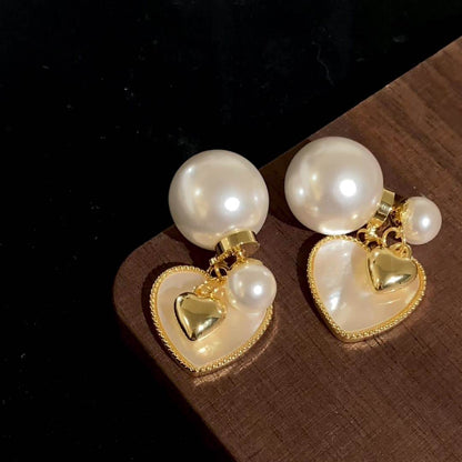 Gold Pearl Heart Drop Earrings