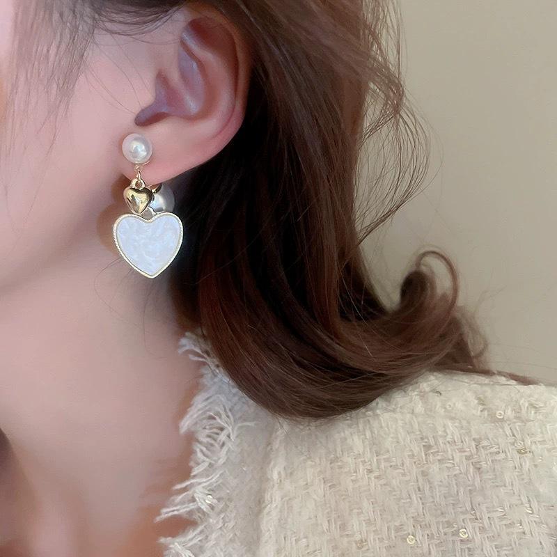 Gold Pearl Heart Drop Earrings
