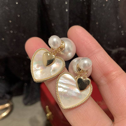 Gold Pearl Heart Drop Earrings