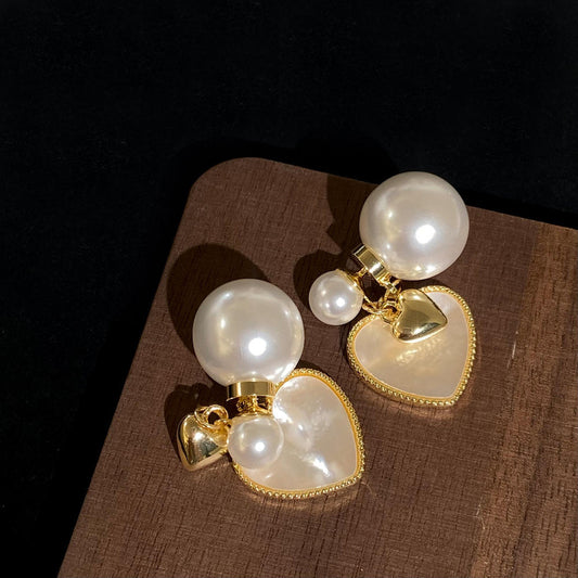 Gold Pearl Heart Drop Earrings
