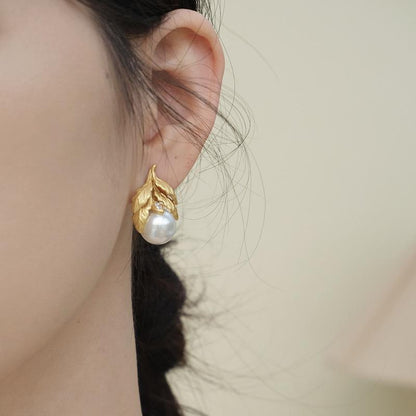 Vintage Leaf Pearl Statement Earrings