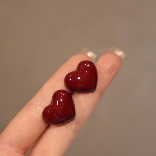 Glossy Red Heart Stud Earrings