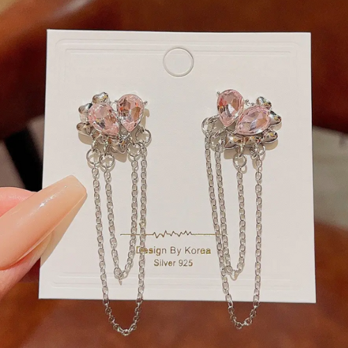 Fashionable Women's Drop Earrings Trendy Sweet Pink Water Drop Earrings Creative Chain Tassel Earrings