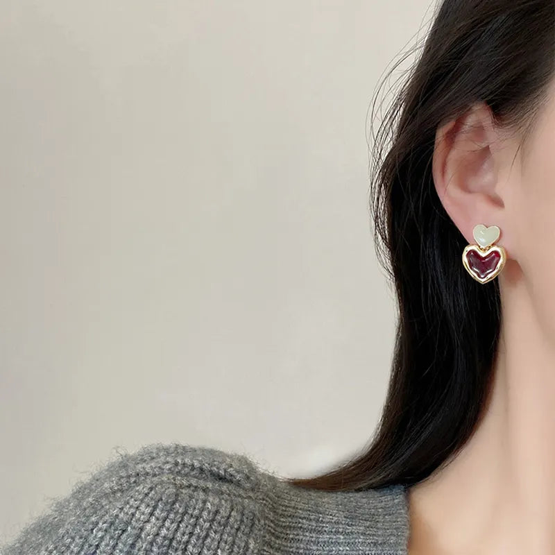 Double Heart Enamel Stud Earrings