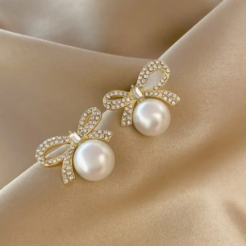 Fashion Dainty Full Diamond Bow Pearl Earrings