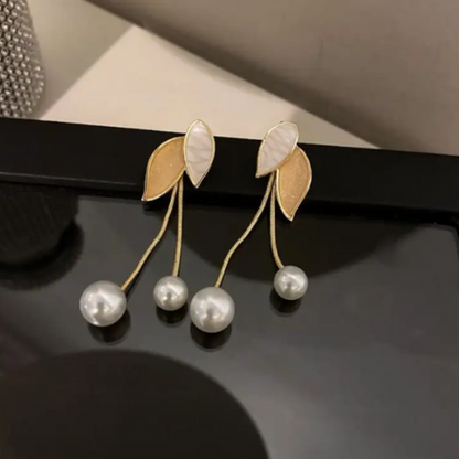 Vintage Leaf Pearl Drop Stud Earrings