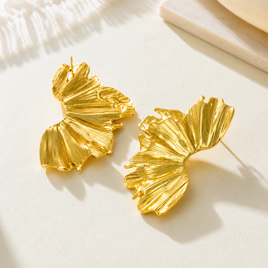Gold Fan Leaf Statement Earrings