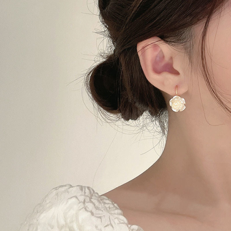 Pearl Rose Stud Hoops Earrings