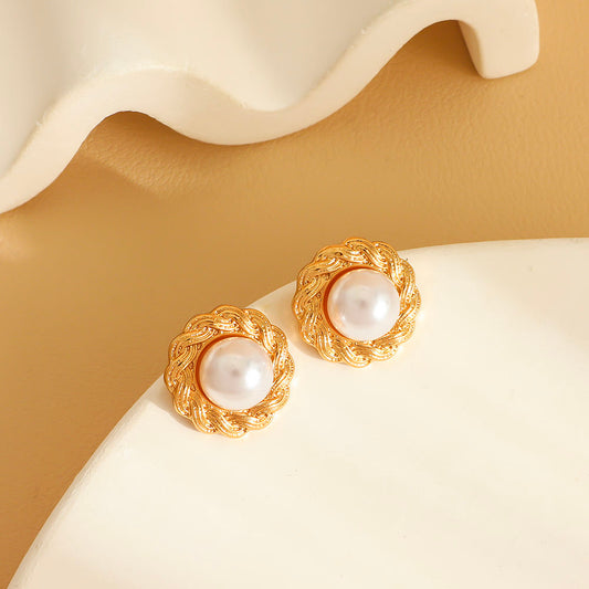 Gold Pearl Woven Stud Earrings