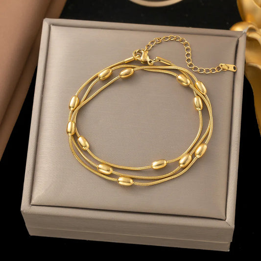 Rice Beaded Triple Layers Chain Bracelet & Necklace
