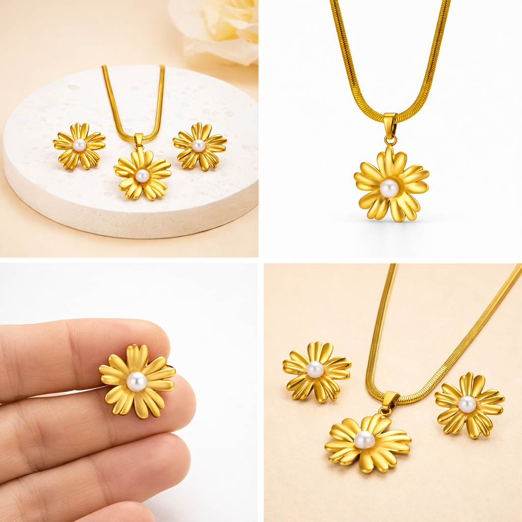 Elegant Gold Daisy Pearl Set