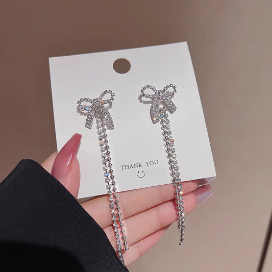 Crystal Bow Tassel Earrings
