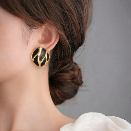 Black Enamel Gold Statement Stud Earrings