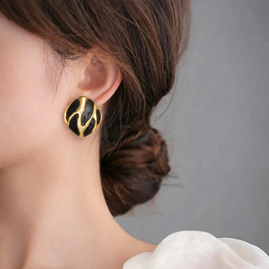 Black Enamel Gold Statement Stud Earrings