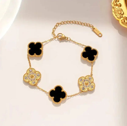 Black Four Leaf Clover Flower Bracelet with Stones - BlingVows - Best Imitation & Anti Tarnish Jewelry Wholesaler