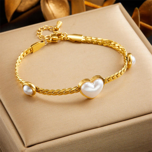 Gold Heart Pearl Chain Bracelet
