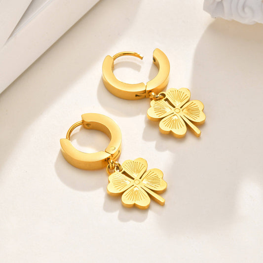 Gold Clover Charm Hoop Earrings