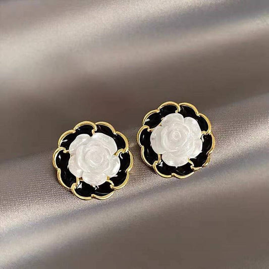 Black Enamel Rose Stud Earrings
