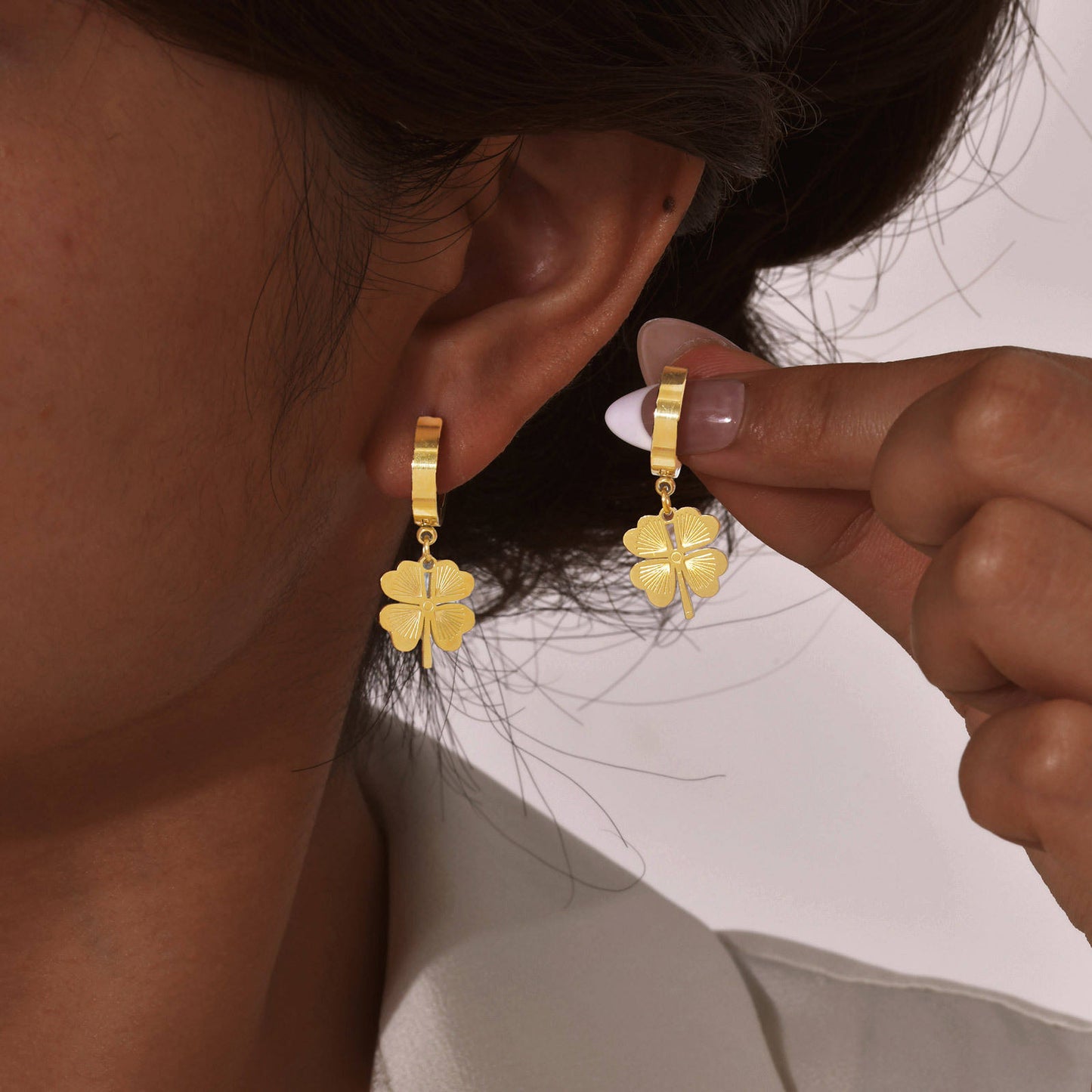 Gold Clover Charm Hoop Earrings