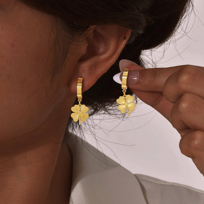 Gold Clover Charm Hoop Earrings