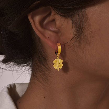 Gold Clover Charm Hoop Earrings