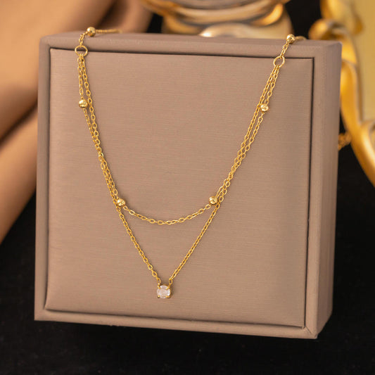 Layered Gold Bead Clover Pendant Necklace