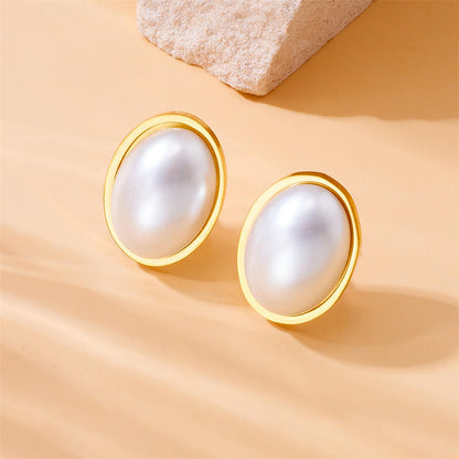Gold Oval Pearl Stud Earrings