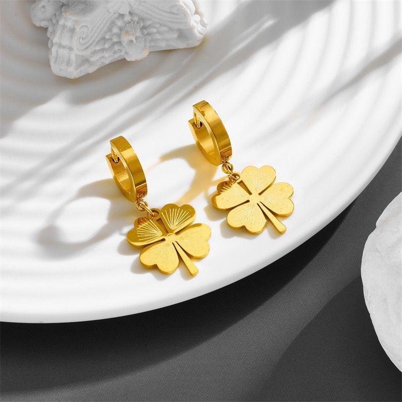 Gold Clover Charm Hoop Earrings
