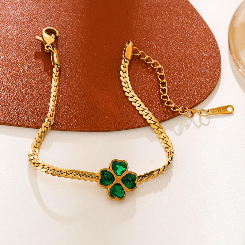 Gold Green Clover Snake Chain Bracelet