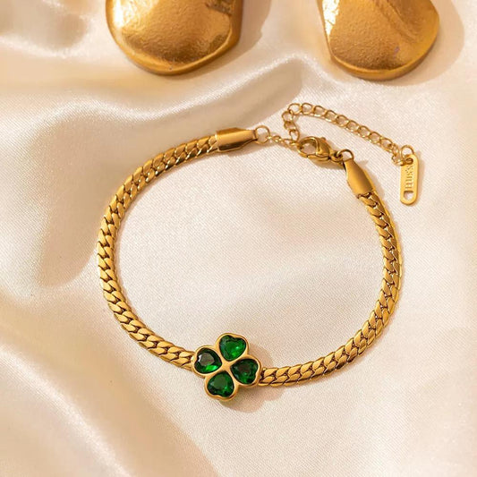 Gold Green Clover Snake Chain Bracelet