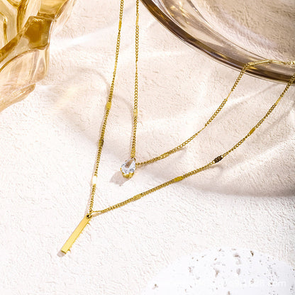 Layered Gold Bar & Teardrop Crystal Necklace
