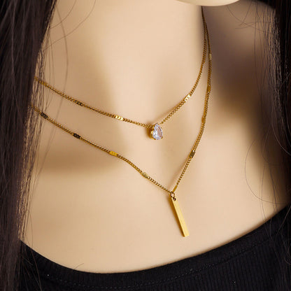 Layered Gold Bar & Teardrop Crystal Necklace