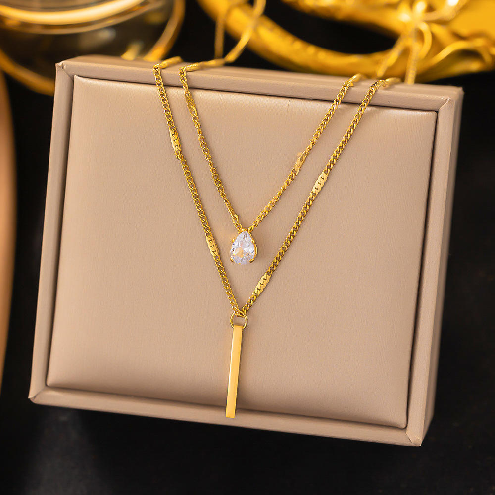 Layered Gold Bar & Teardrop Crystal Necklace