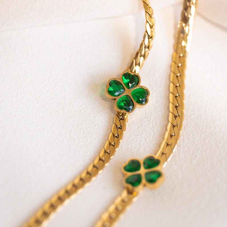 Gold Green Clover Snake Chain Bracelet