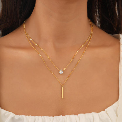 Layered Gold Bar & Teardrop Crystal Necklace